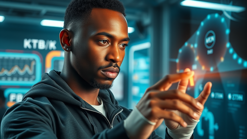 African entrepreneur interacting with blockchain and AI digital interfaces