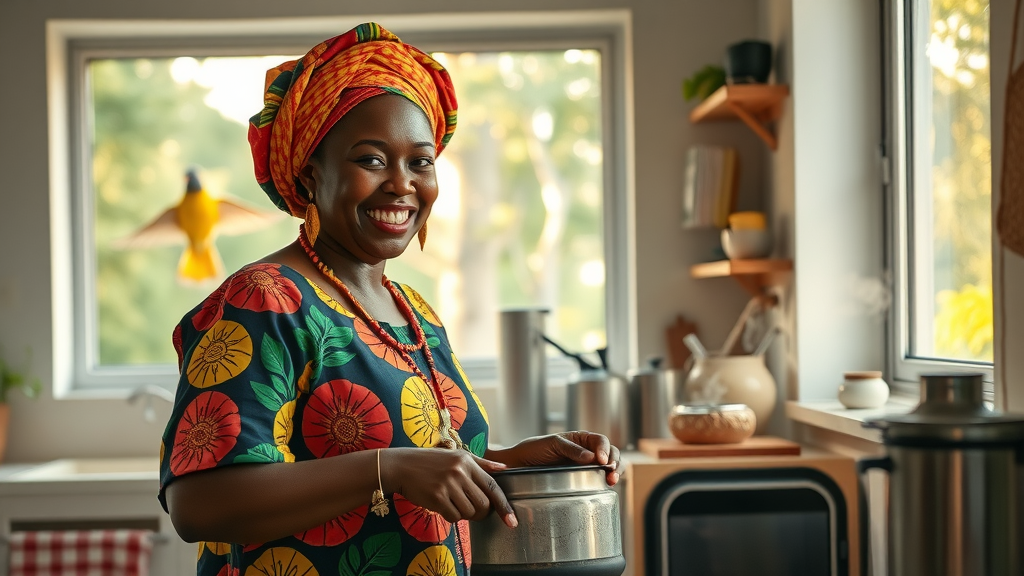 Proud Ugandan woman cooking with eco-friendly briquettes and an energy-saving stove.