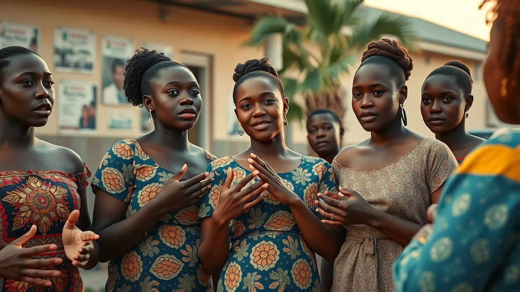 Determined Ugandan teenage mothers speaking with a social worker outside a government office, highlighting the advocacy for human rights and policy change for young mothers and pregnant girls.