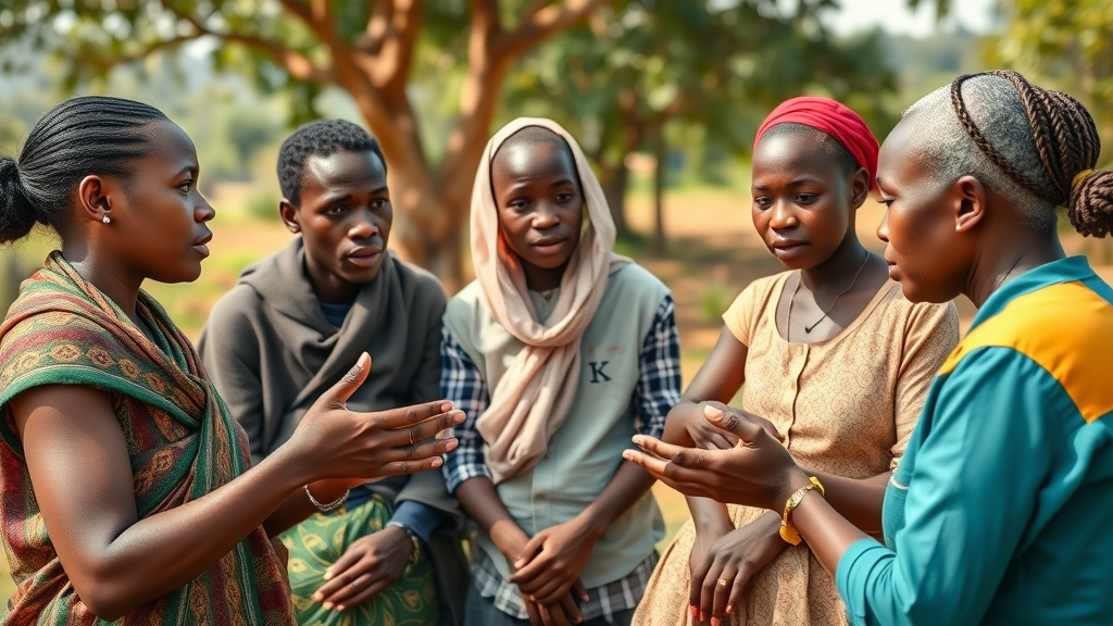 Community health worker educating rural family on healthcare access and affordability Uganda