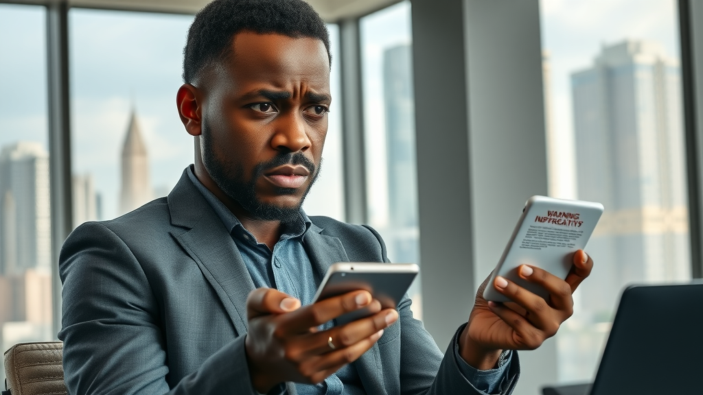 Troubled African entrepreneur concerned about digital dependency on platforms in African digital media evolution