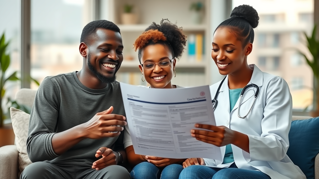 Happy Ugandan family reviewing Case MedCare insurance documents with a healthcare professional