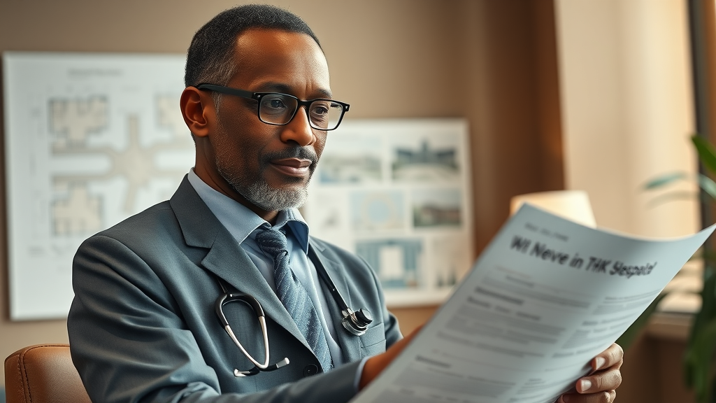 Healthcare leadership Uganda: Dr. A.K. Sebbaale reviewing hospital plans in sophisticated office