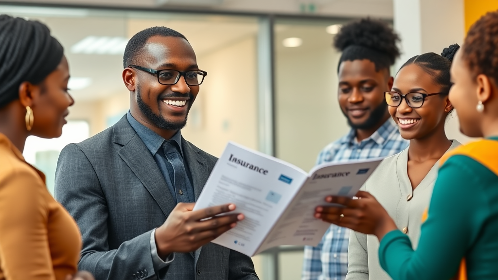 Confident Ugandan insurance advisor explaining case medcare insurance benefits to diverse clients in a clinic