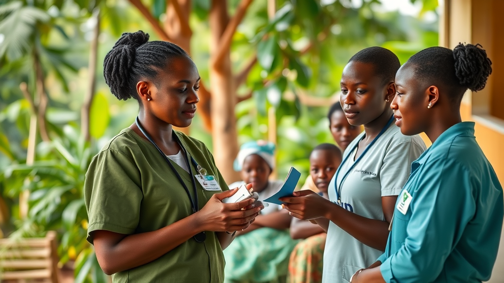 Healthcare innovation Uganda: Community health workers providing compassionate care at rural clinic
