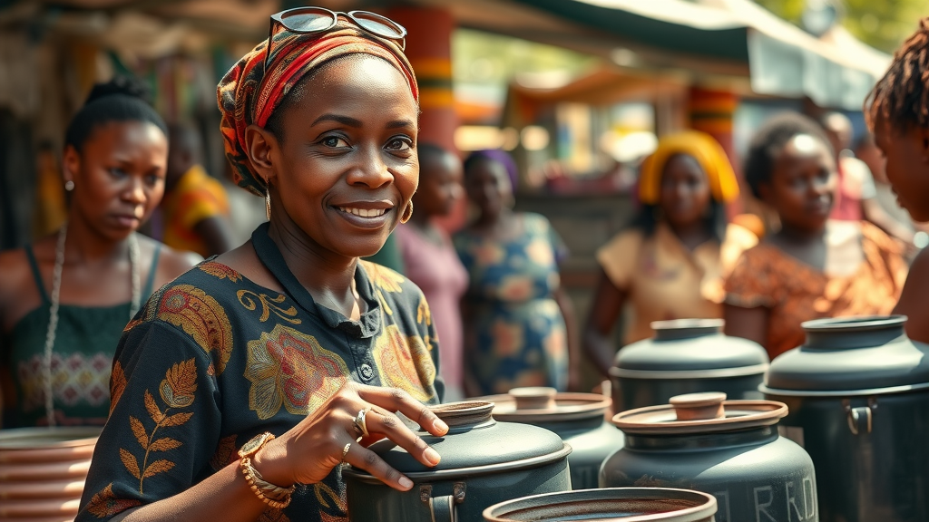 African woman entrepreneur selling clean cookstoves at a bustling market - clean cooking technology is saving lives and fuel in african communities—here’s how.