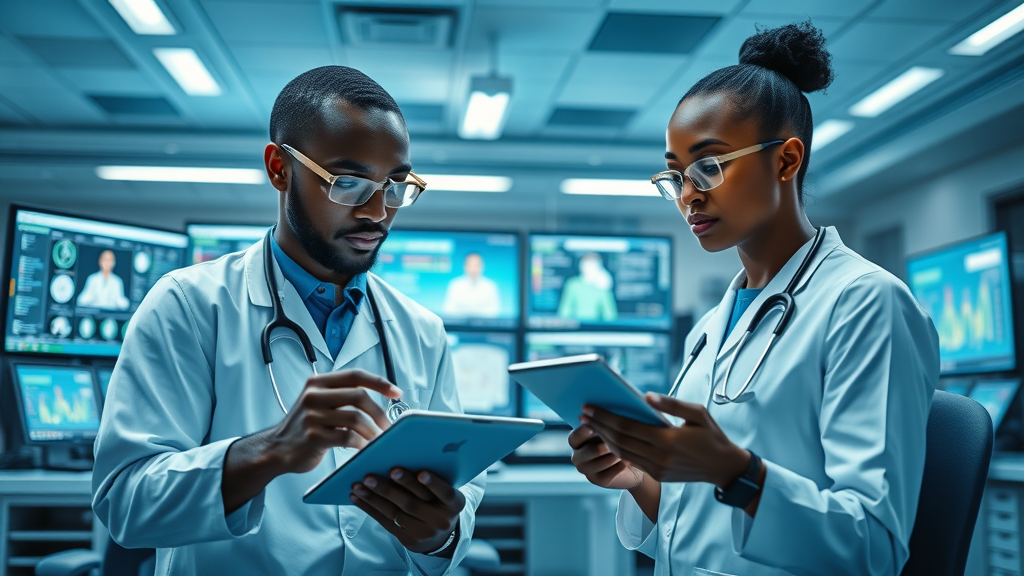 Healthcare leadership Uganda: professionals using AI and telemedicine in advanced digital health operations center