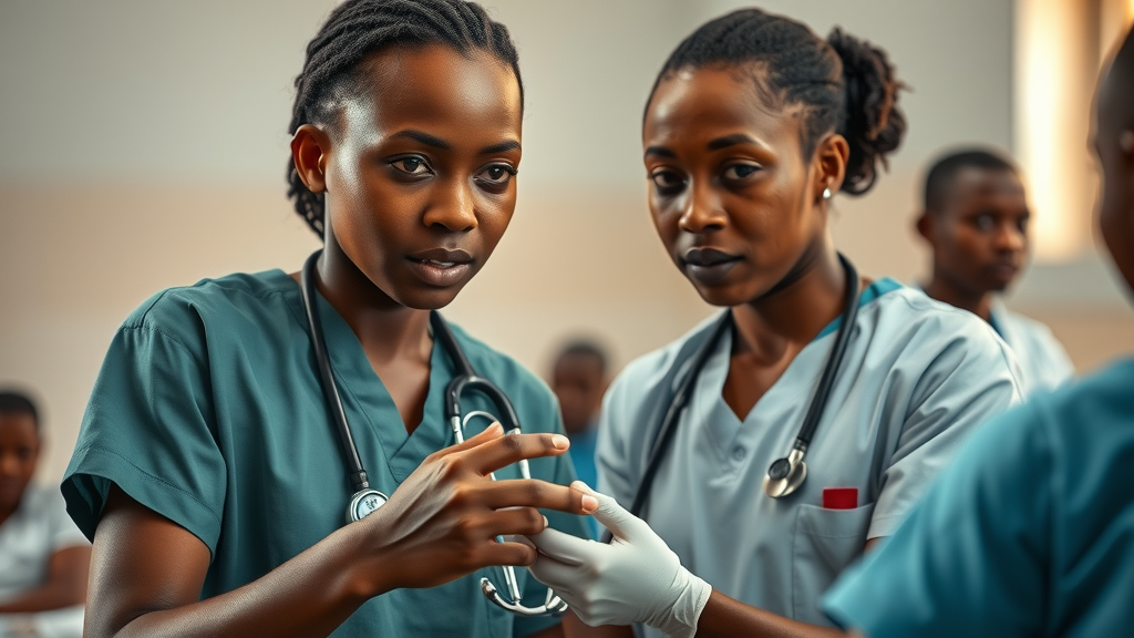 Compassionate healthcare workers assisting HIV/AIDS patients at case medical centre in Uganda