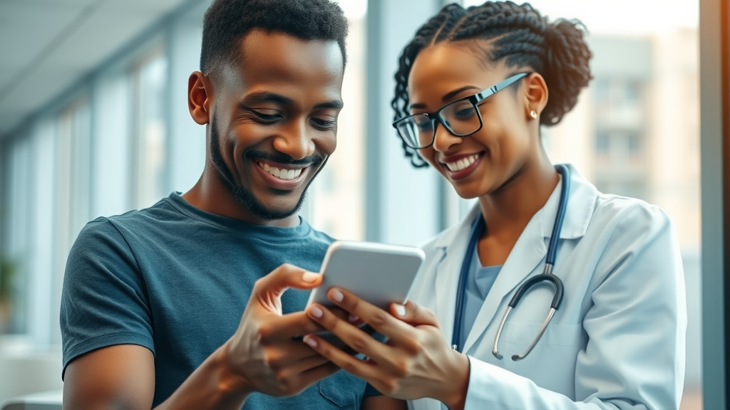future of healthcare africa African patient using smartphone health app with doctor assistance