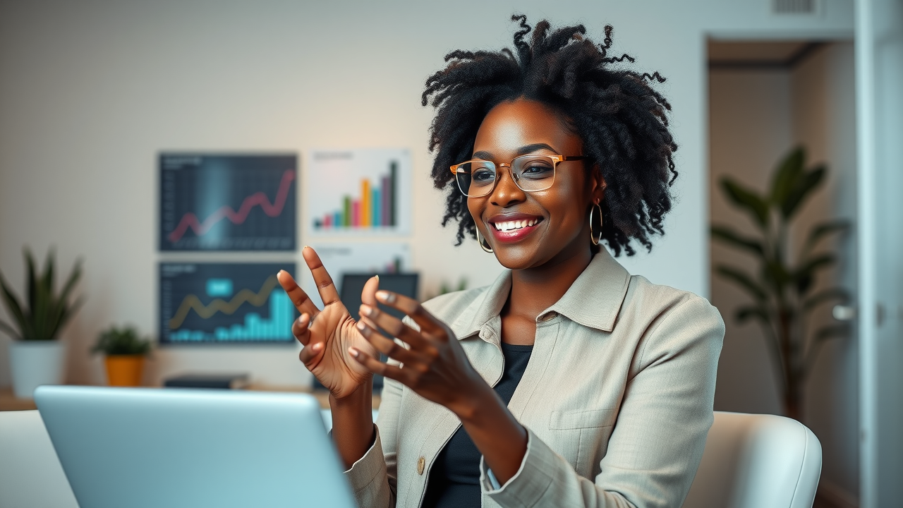 Successful African entrepreneur reviewing owned media assets and celebrating growth in stylish office