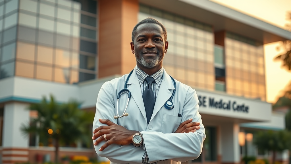 Inspiring Ugandan healthcare leader Dr. A.K. Sebbaale in front of Case Medical Centre illustrating healthcare transformation Uganda