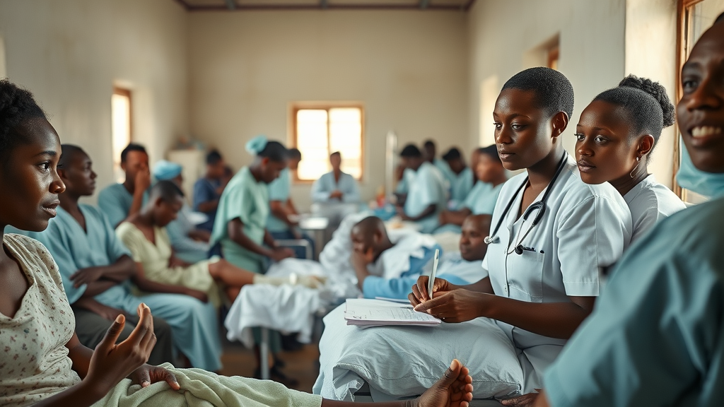 Healthcare innovation Uganda: Stirring hospital scene with hopeful faces of patients and medical staff