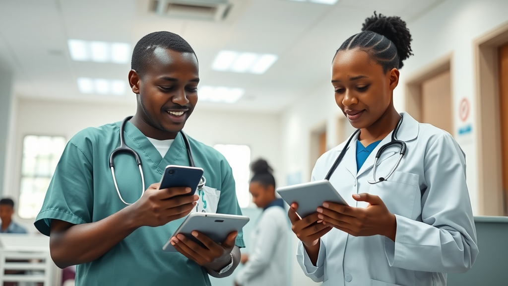 Ugandan medical staff using tablets and smartphones at a digital health center