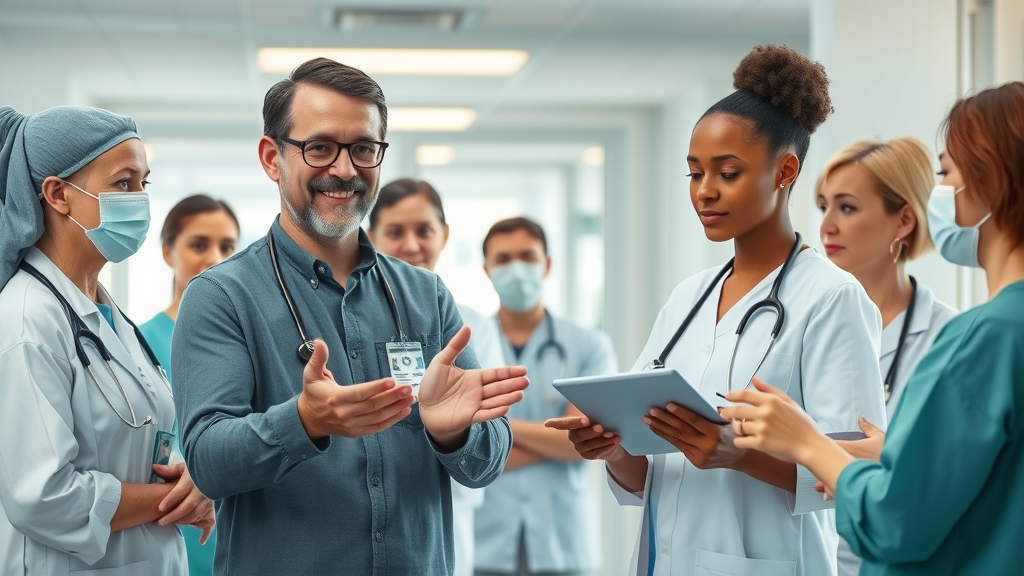 Innovative healthcare insurance model empowering patients; representation of healthcare transformation Uganda with modern hospital and diverse staff