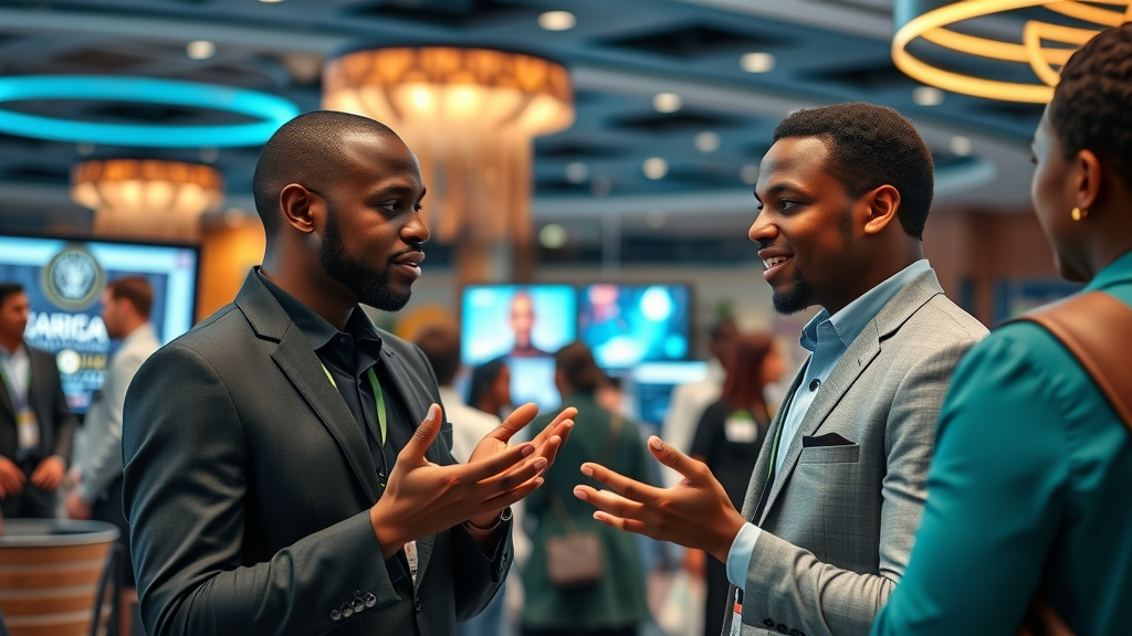 Collaborative African professionals networking at business forum shaping african digital media evolution