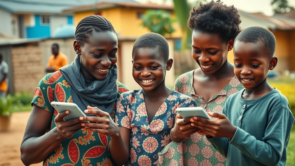 Healthcare leadership Uganda: diverse Ugandan families accessing health insurance via digital platforms