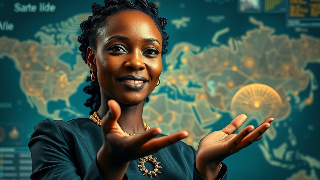 Innovative African businesswoman presenting comprehensive owned media network symbolizing digital sovereignty Africa