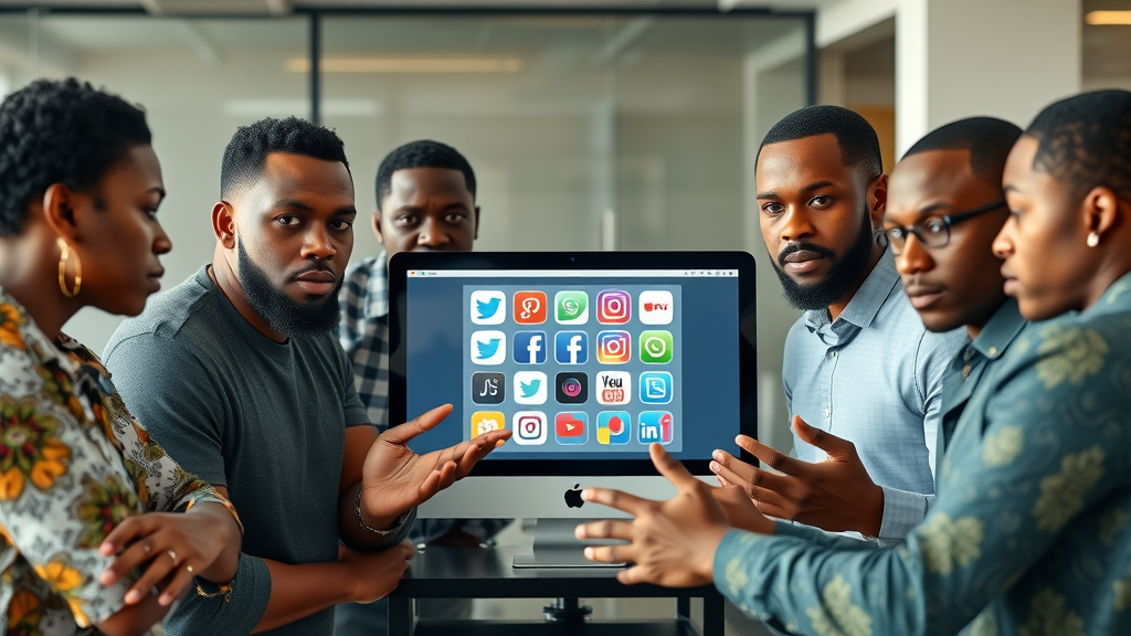 Concerned African entrepreneurs focusing on social media platforms illustrating East Africa business media ownership