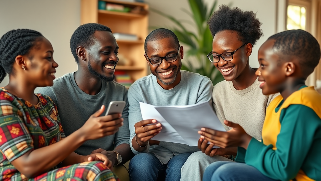 Diverse Ugandan family discussing affordable health insurance Uganda options in a cozy home
