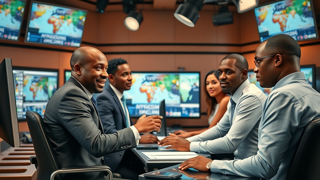 Vibrant African newsroom collaborating in digital workspace showcasing African digital media evolution