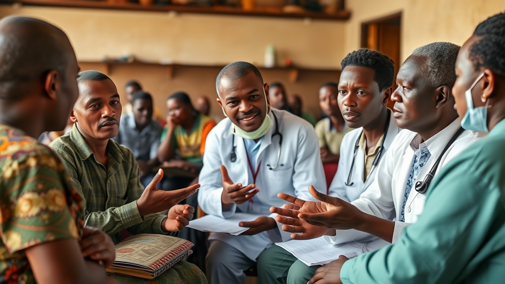 Thoughtful Ugandan community health meeting debating healthcare crisis management Uganda