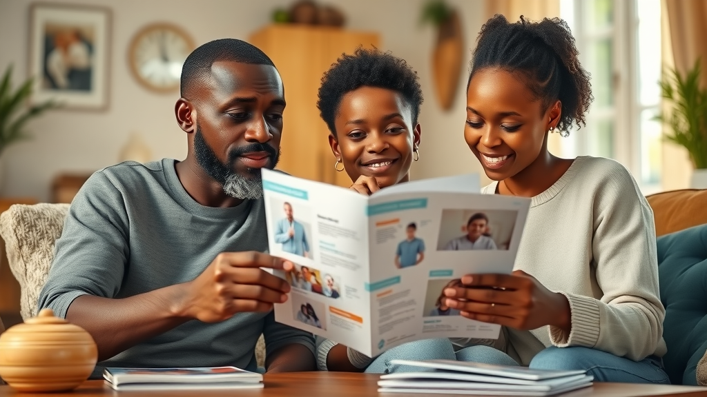 Healthcare innovation Uganda: Curious East African family reading healthcare pamphlet at home