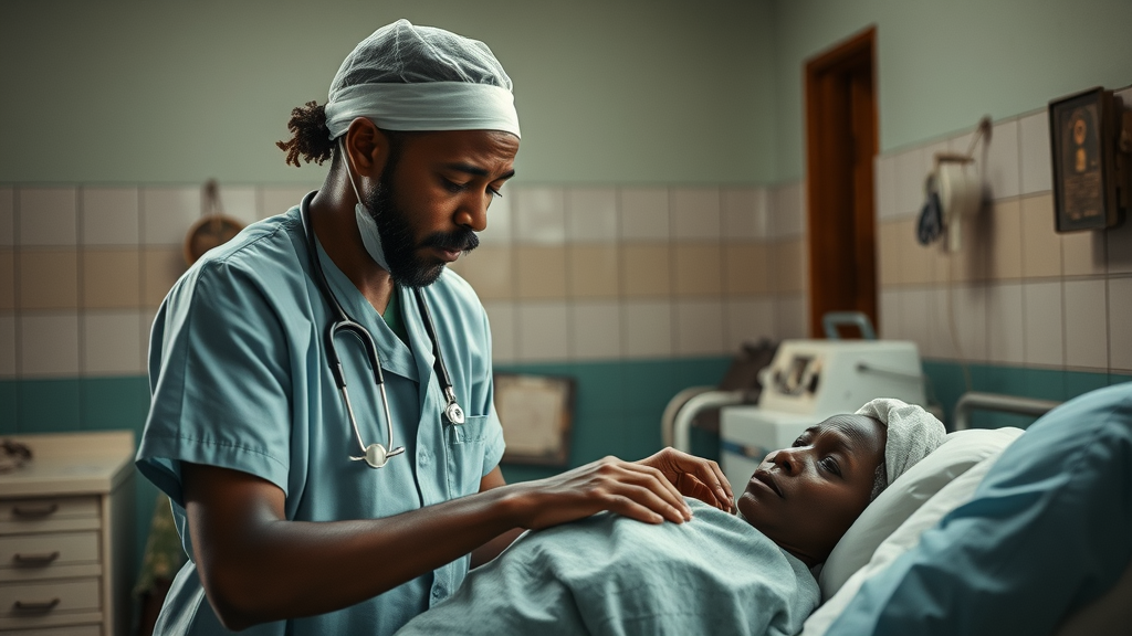 Healthcare access and affordability Uganda during HIV crisis with healthcare worker attending patient