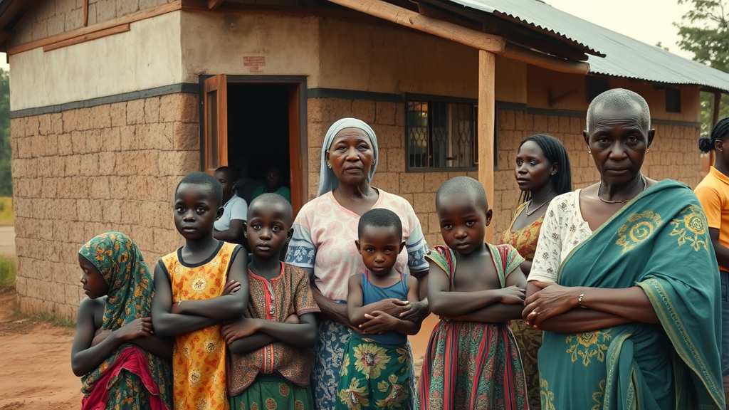 Satellite clinics Uganda supporting healthcare access in rural Ugandan village with families waiting outside clinic