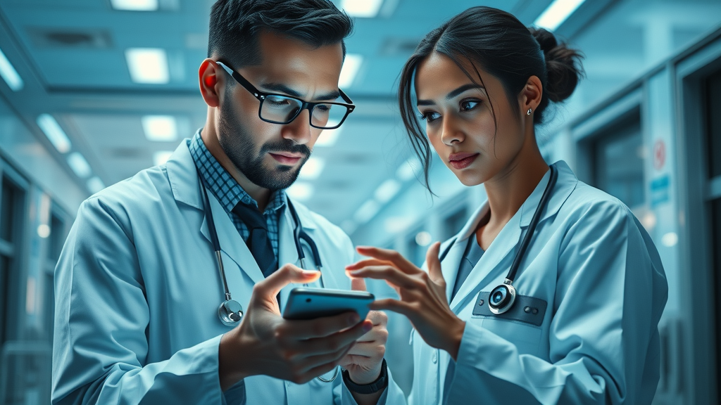 Futuristic telemedicine consultation showing doctor and patient interaction via mobile device enhancing case medcare insurance benefits