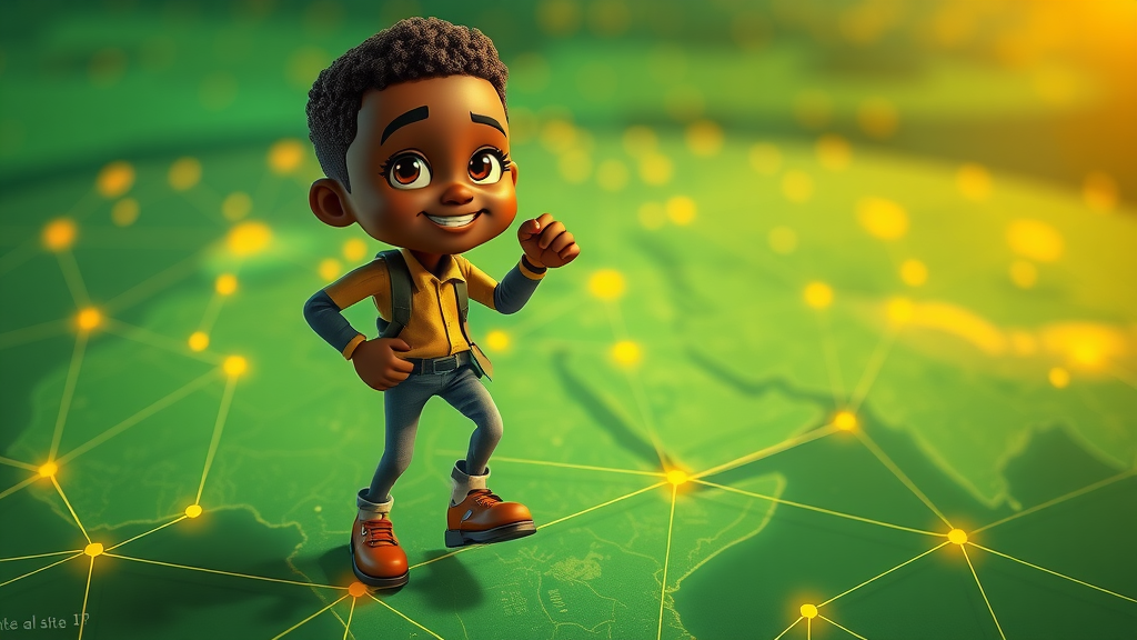 Determined African entrepreneur stepping confidently onto digital map symbolizing african digital media evolution