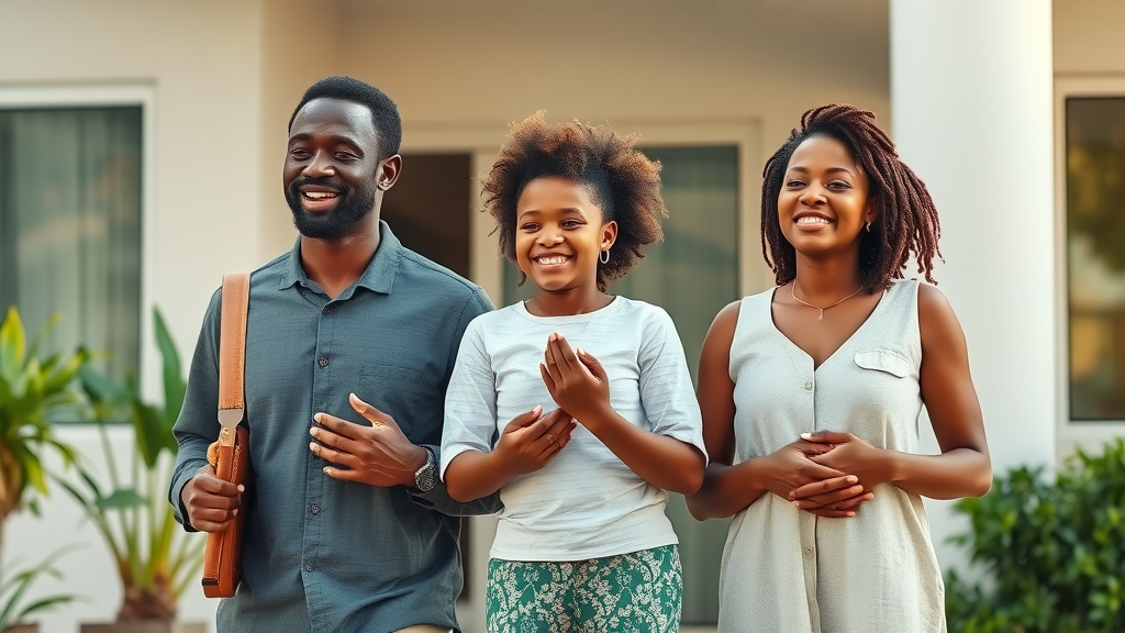 future of healthcare africa hopeful African family leaving modern clinic after quality care