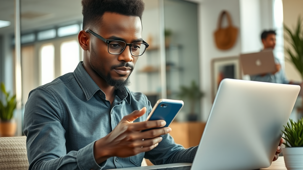 African entrepreneur analyzing media platform data demonstrating building media channels african business