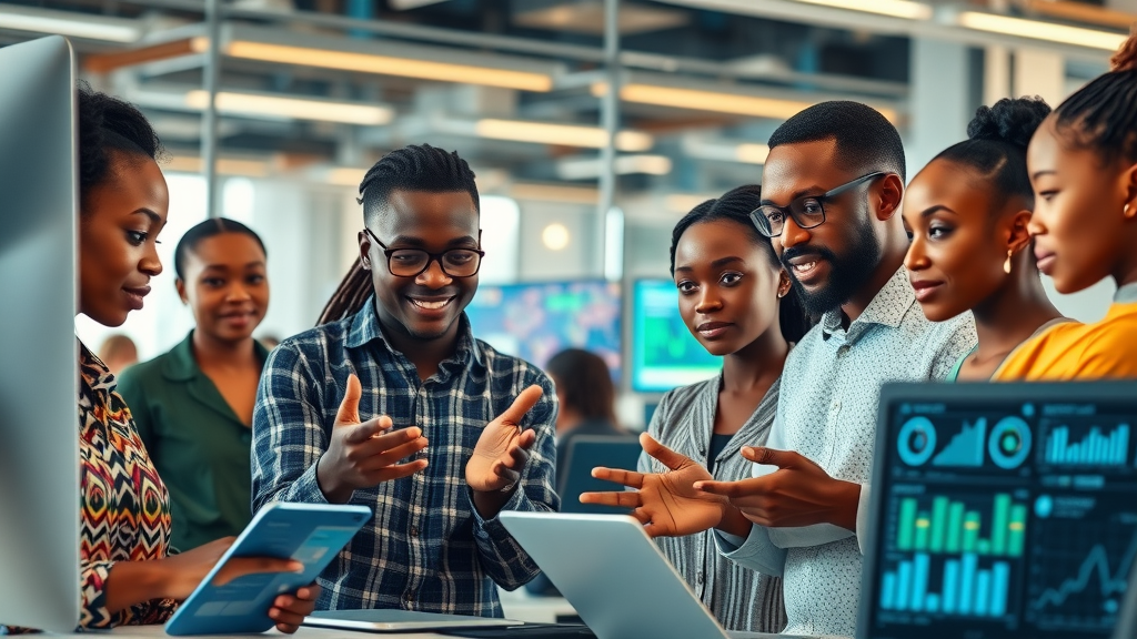 Diverse African entrepreneurs collaborating with digital technology