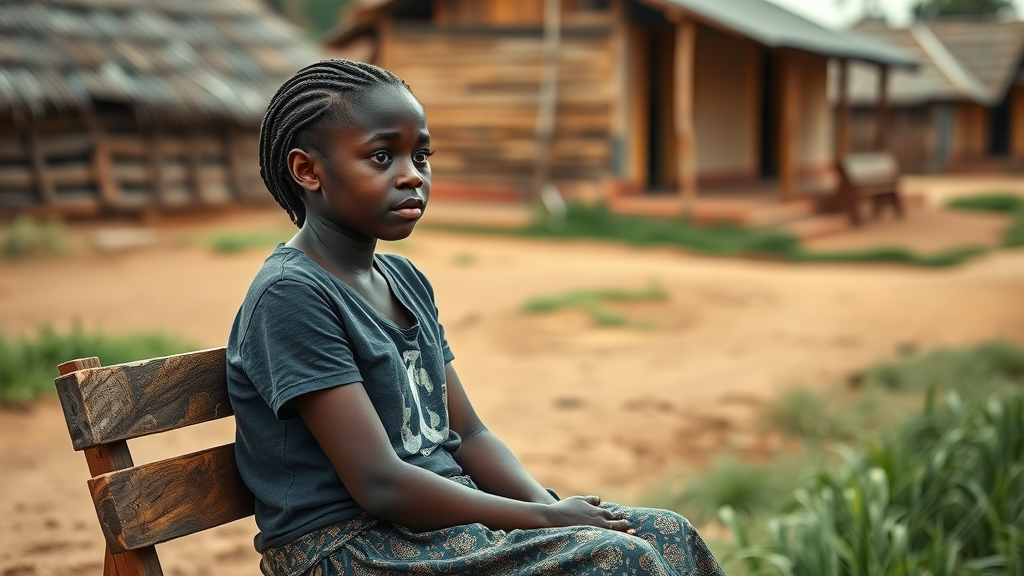 Somber Ugandan teenage mother sitting quietly on a wooden bench in a rural village, symbolizing emotional, social, and economic barriers teenage mothers in Uganda face.