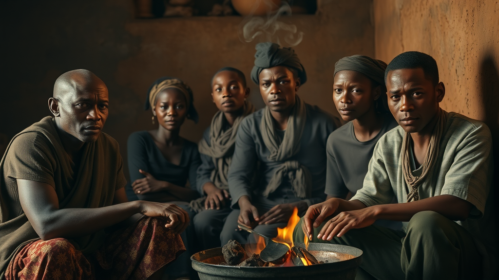 African family concerned expressions in traditional kitchen with open fire and visible smoke - clean cooking technology is saving lives and fuel in african communities—here’s how.
