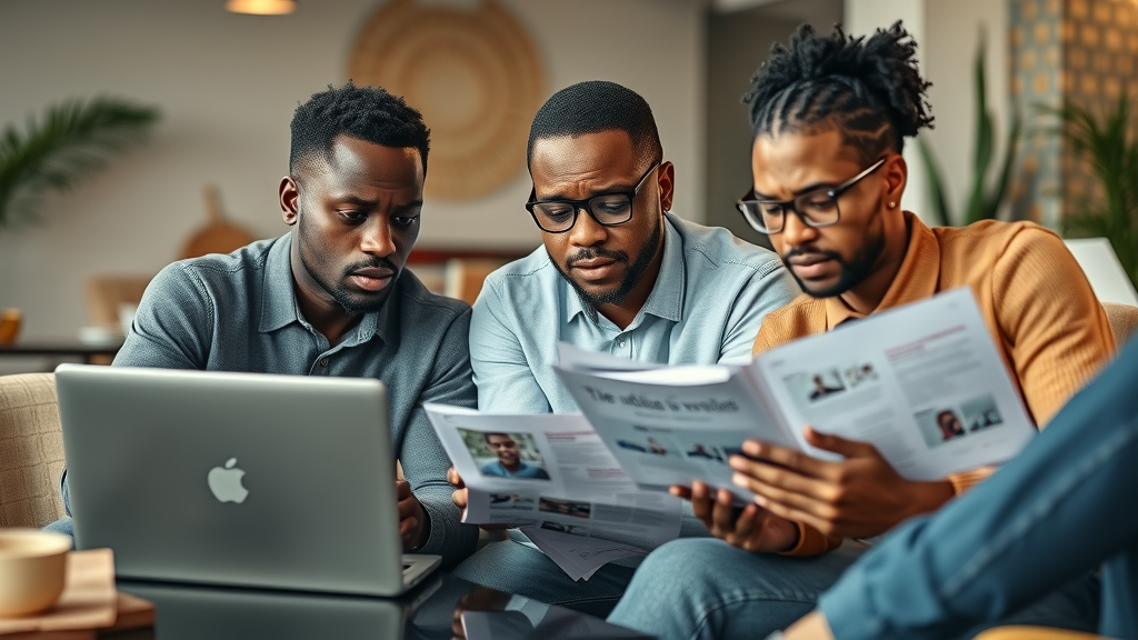 Serious African entrepreneur team discussing digital media ownership mistakes Africa