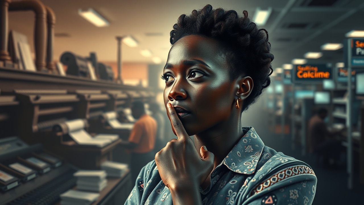 Thoughtful African historian reflecting on colonial media control and digital sovereignty Africa