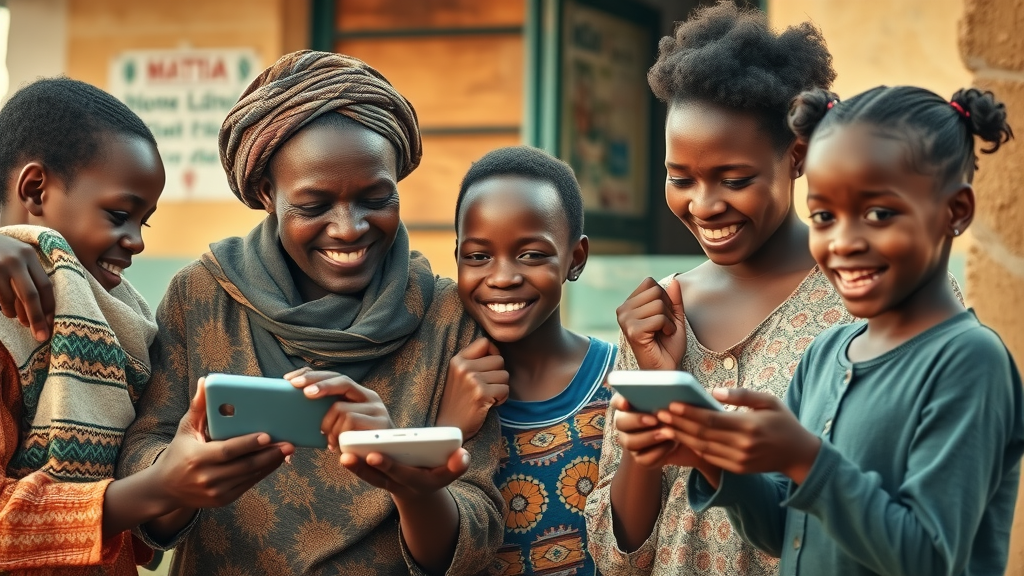 Healthcare technology Uganda: African families in urban and rural settings interacting with health technology devices