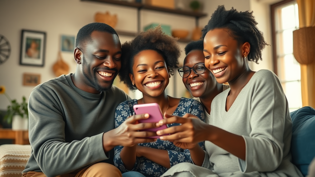 African family celebrating successful digital financial transaction at home
