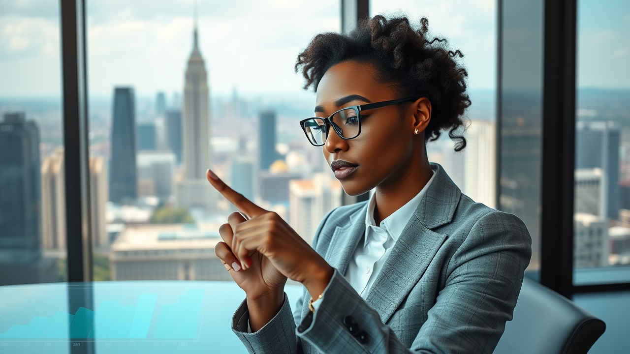 Insightful African business leader analyzing digital statistics on an interactive screen in metropolis
