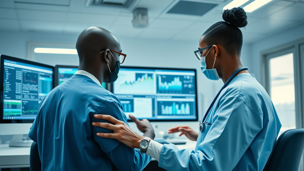 Healthcare technology Uganda: Health workers analyzing digital health system dashboard in hospital