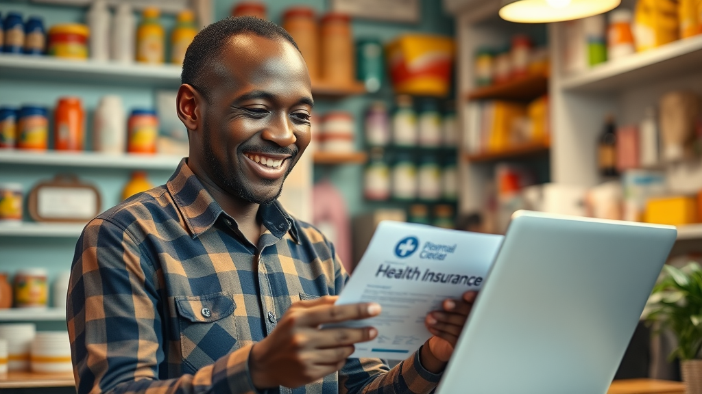 Happy Ugandan small business owner evaluating affordable health insurance Uganda options on laptop