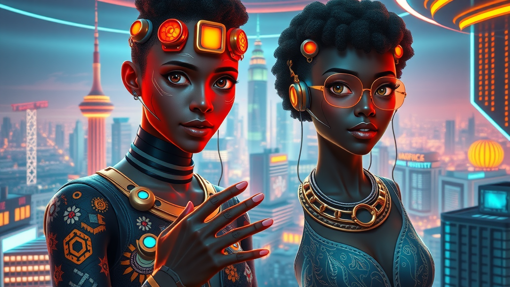 Futuristic African digital media hub presenting blockchain and AI as solutions to digital media ownership mistakes Africa