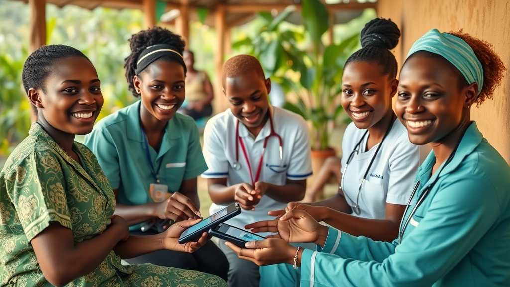 Health workers using digital tools in a community health clinic in rural Uganda