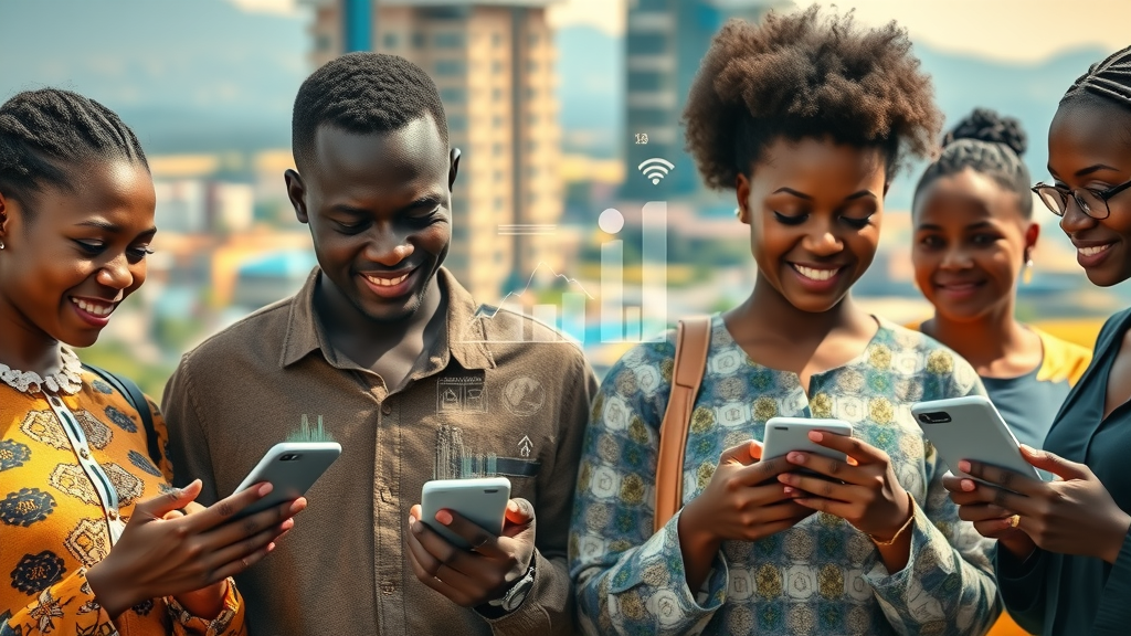 Uganda digital transformation and fintech innovation revolution with diverse people using digital technology in a bustling city.