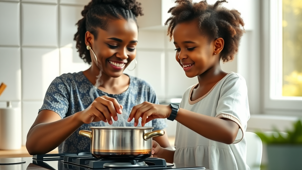 African woman and child smiling and cooking on modern stove in a clean kitchen - clean cooking technology is saving lives and fuel in african communities—here’s how.