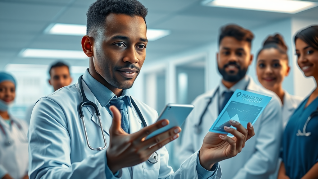 Ugandan doctor analyzing AI-powered health data dashboard in modern hospital