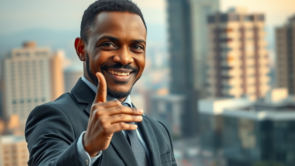 Dynamic African business leader strategizing digital media ownership in African urban setting