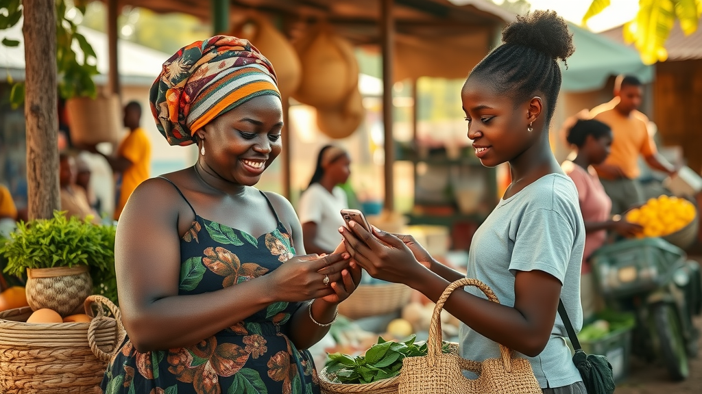 Ugandan woman and youth using digital wallets, a symbol of financial inclusion in rural fintech revolution.