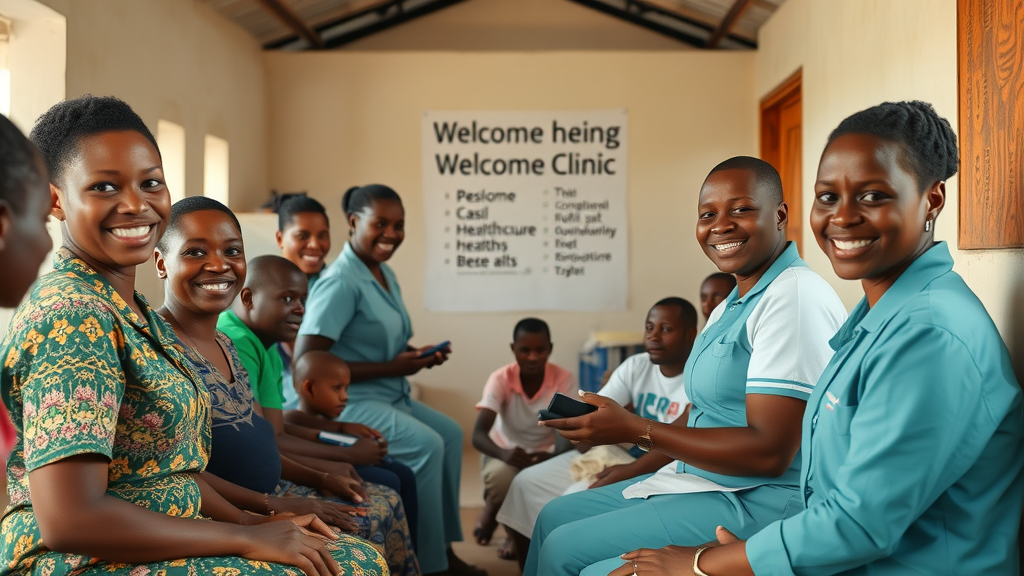 Innovative Ugandan healthcare clinic with welcoming staff delivering community health services supported by case medcare insurance benefits